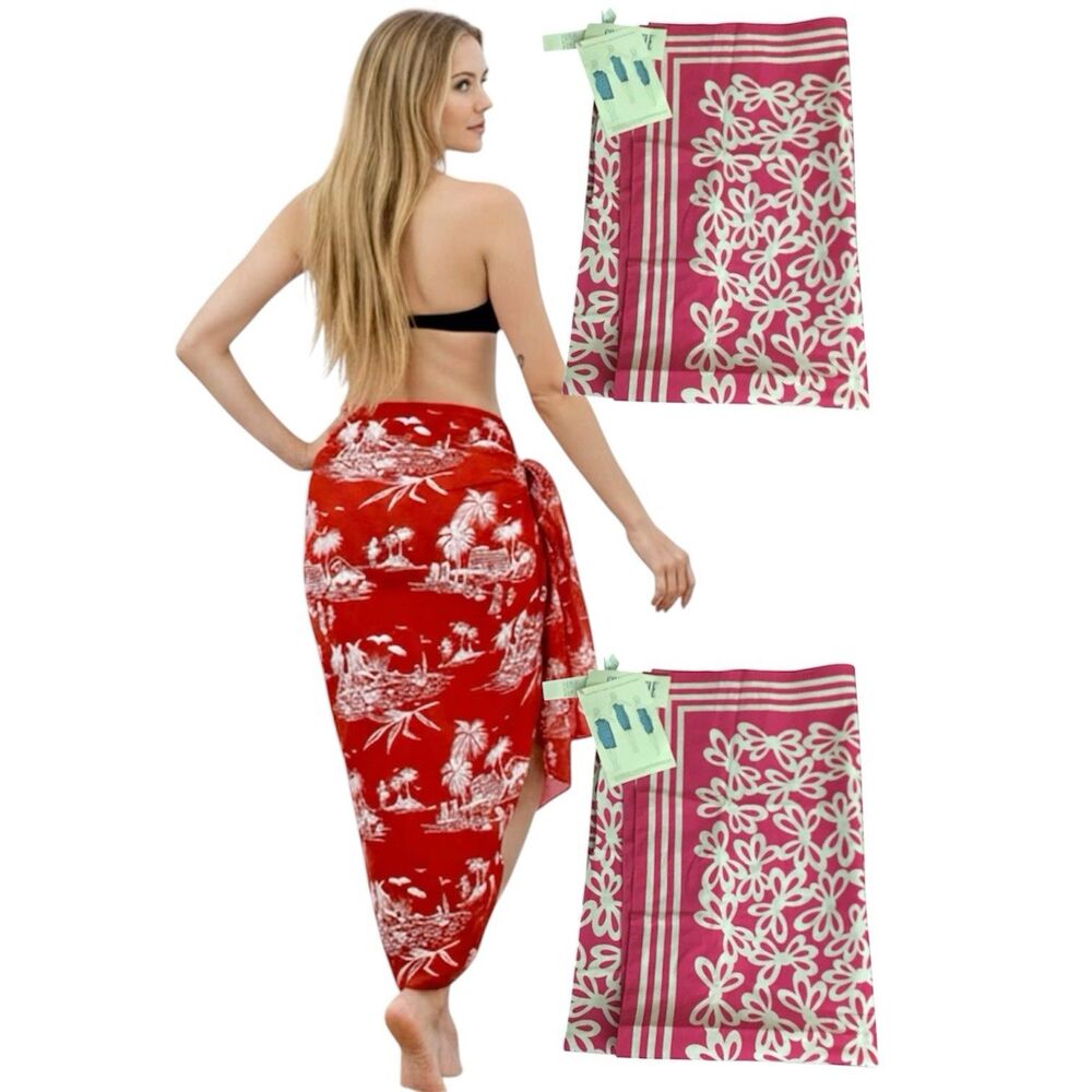 Women’s Beach Swim Wrap Cover Up Floral Pink Sarong Pareo USA Made NEW